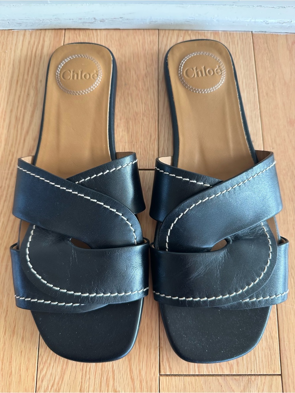 Chloé Candice Flat Twist Slide Sandals Black Leather Size 39.5